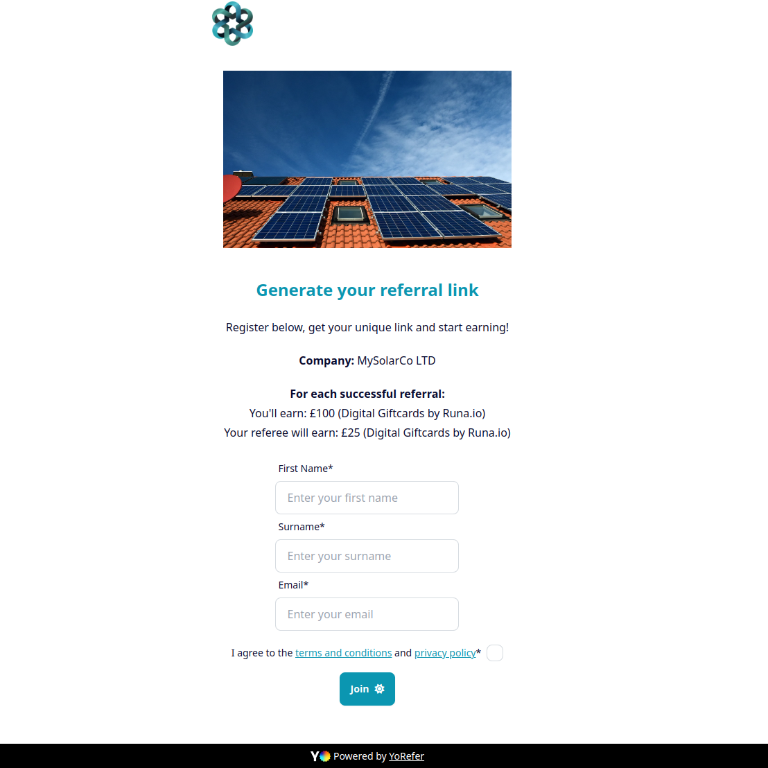 YoRefer generate referral link sign-up page